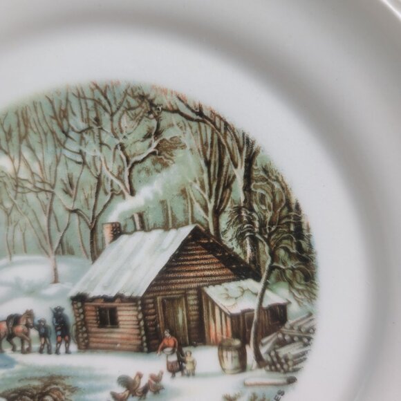 TWO Harker Pottery Currier and Ives Bread Plates Wilderness Feeding the Chickens - Picture 5 of 14